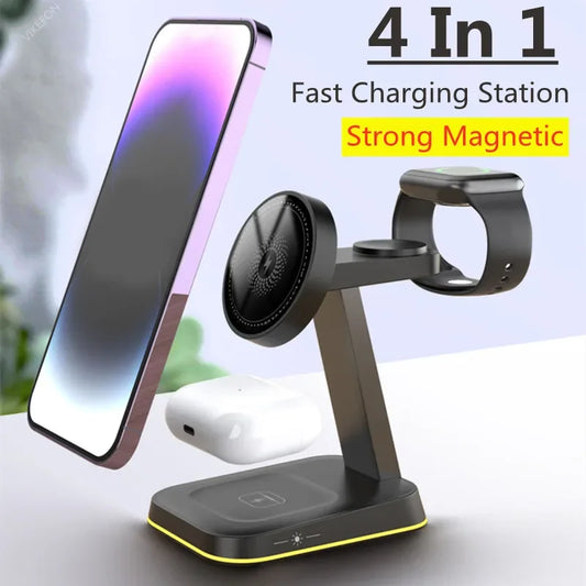 3 In 1 Magnetic Wireless Charger Stand LED Light Fast Charging Station Dock for iPhone 15 14 13 12 Pro Max Apple Watch Airpods