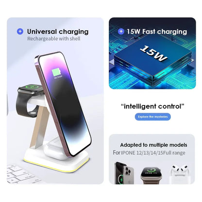 3 In 1 Magnetic Wireless Charger Stand LED Light Fast Charging Station Dock for iPhone 15 14 13 12 Pro Max Apple Watch Airpods